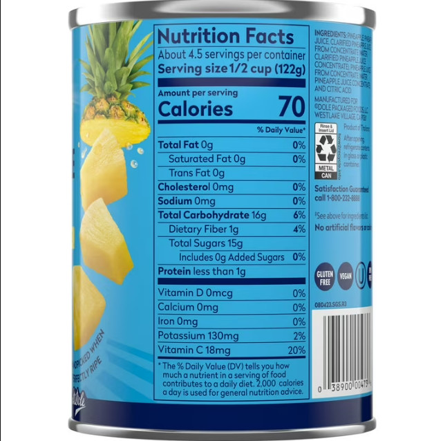 Dole Pineapple Chunks 6 Can Pack no sugar added