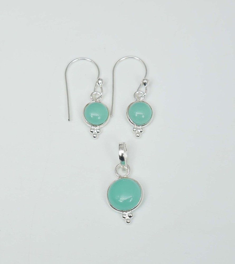 925 Solid Sterling Silver Aqua Chalcedony Hook Earring Pendant Set