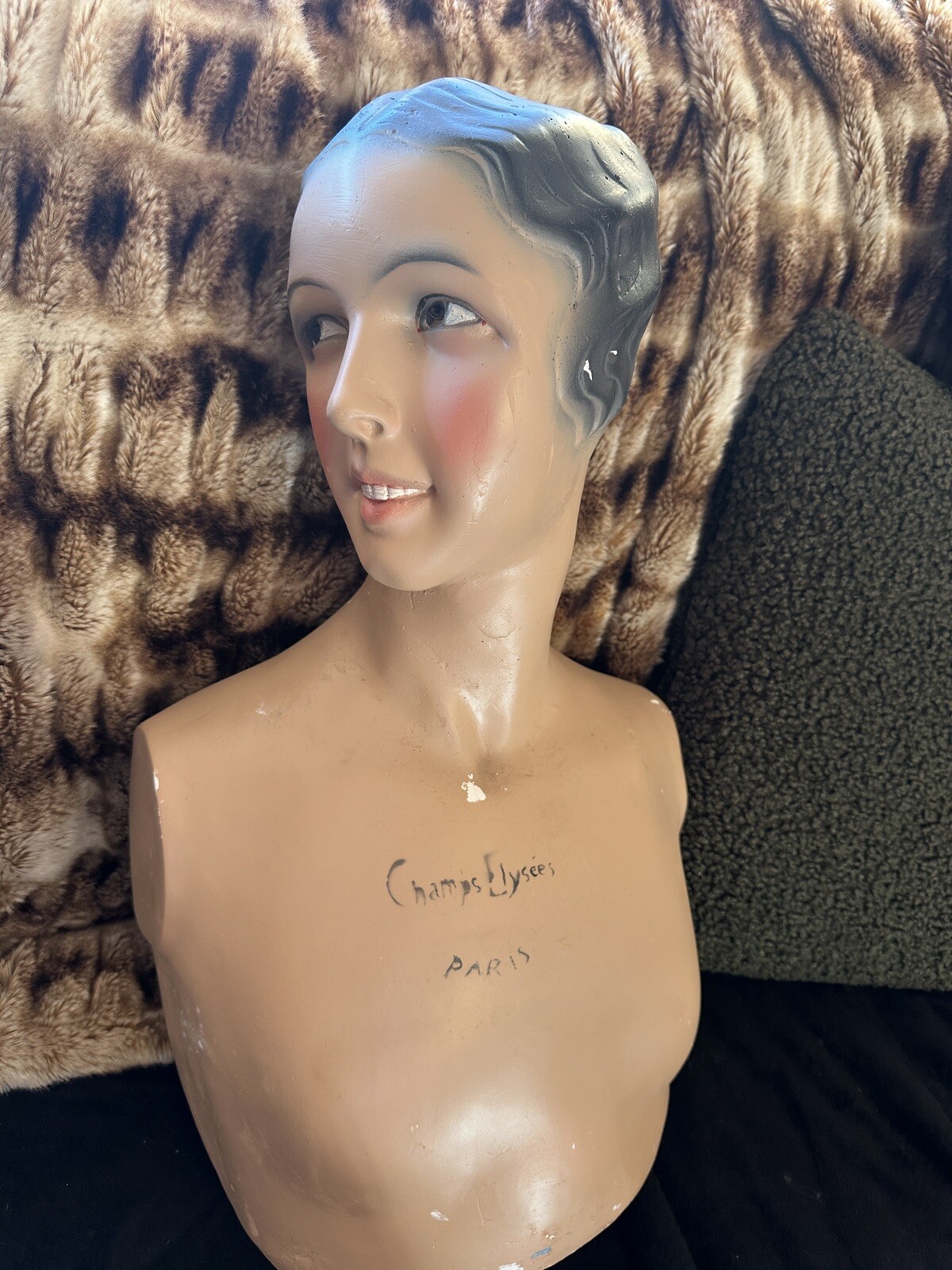 Vintage French Paris Lady Woman Hat Bust Head Champs Elysees Mannequin Plaster