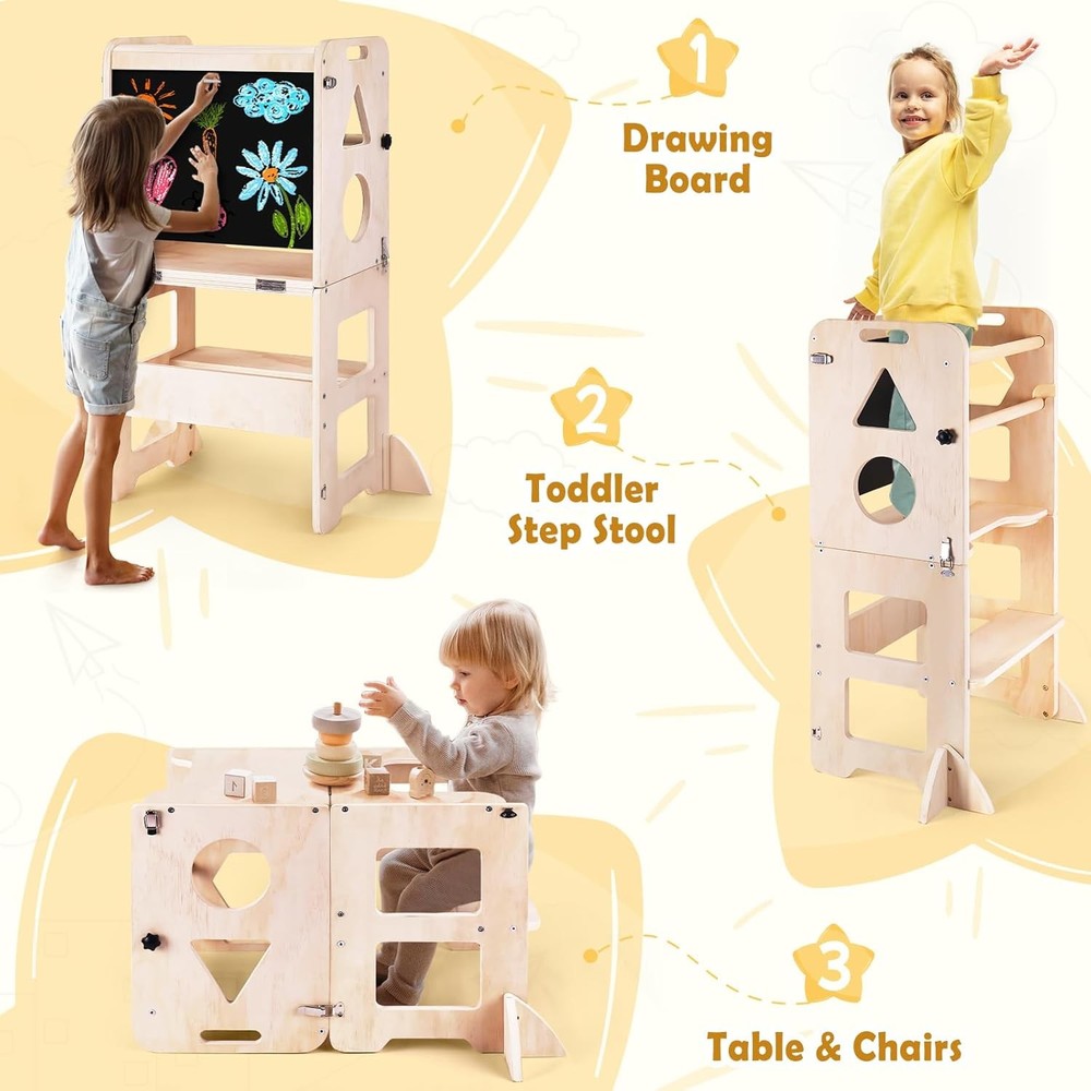 4-in-1 Toddler Kitchen Step Stool, Foldable Learning Standing Tower，Kitchen