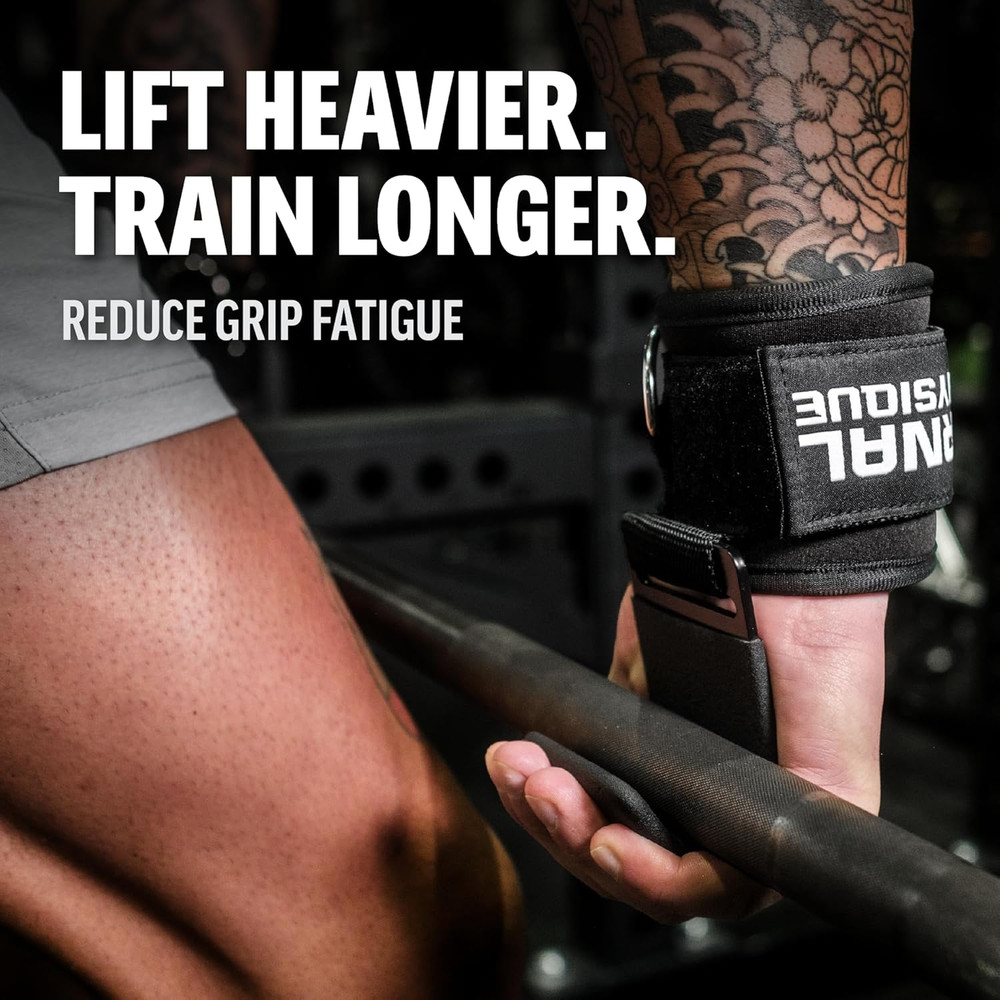 Weight Lifting Hooks (Pair) with D-Ring & Bag, Extra Strong- for Deadlifts, Pull