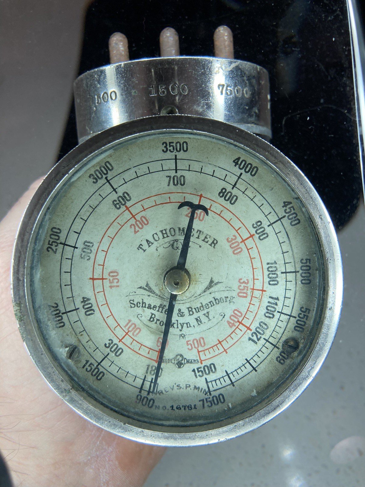 ANTIQUE SCHAEFFER BUDENBERG GAUGE TACHOMETER REVOLUTION COUNTER RR, 7500 RPM’s!