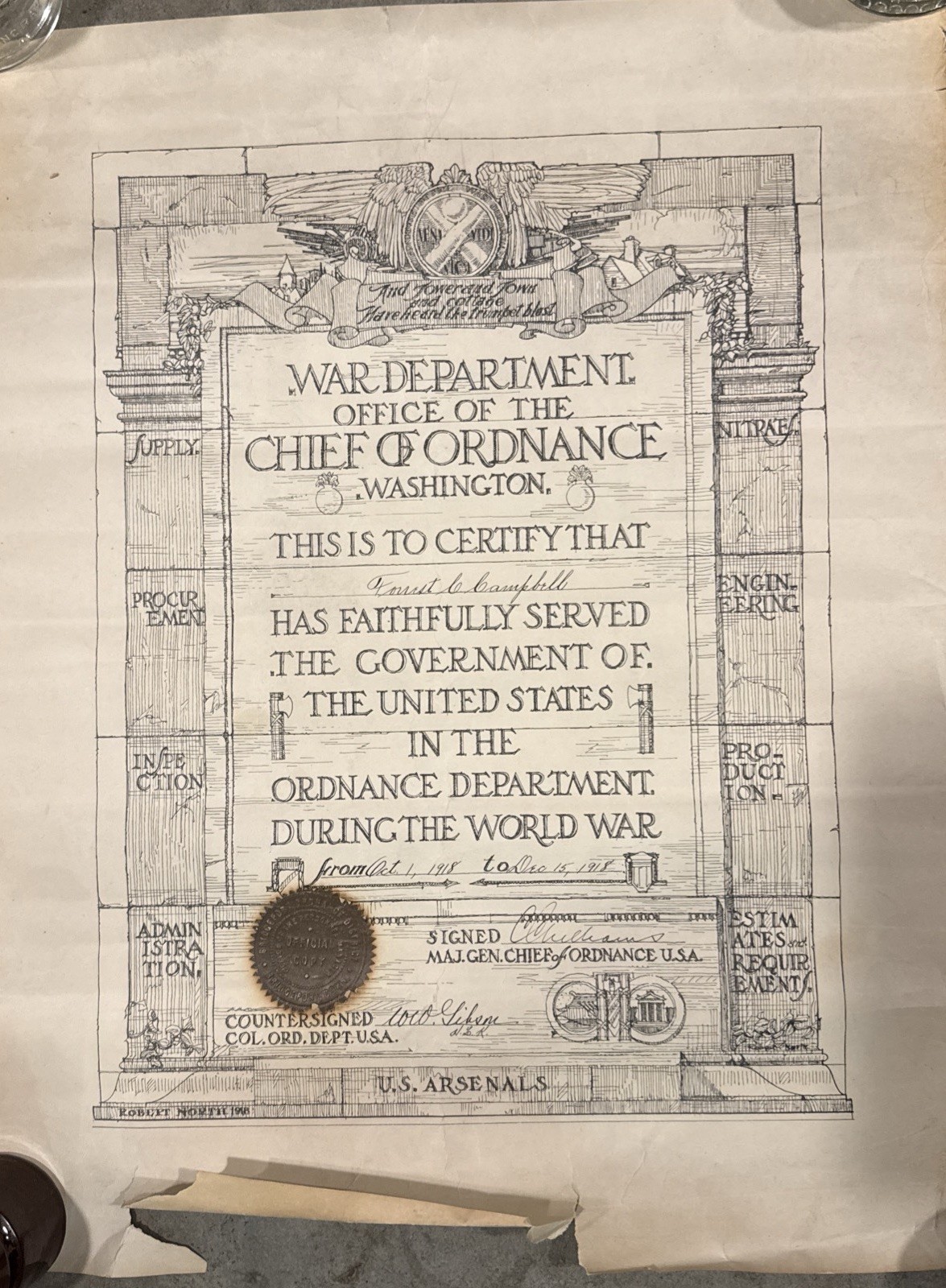 WWI US War Department Certificate of Service Forrest Campbell Chief of Ordnance