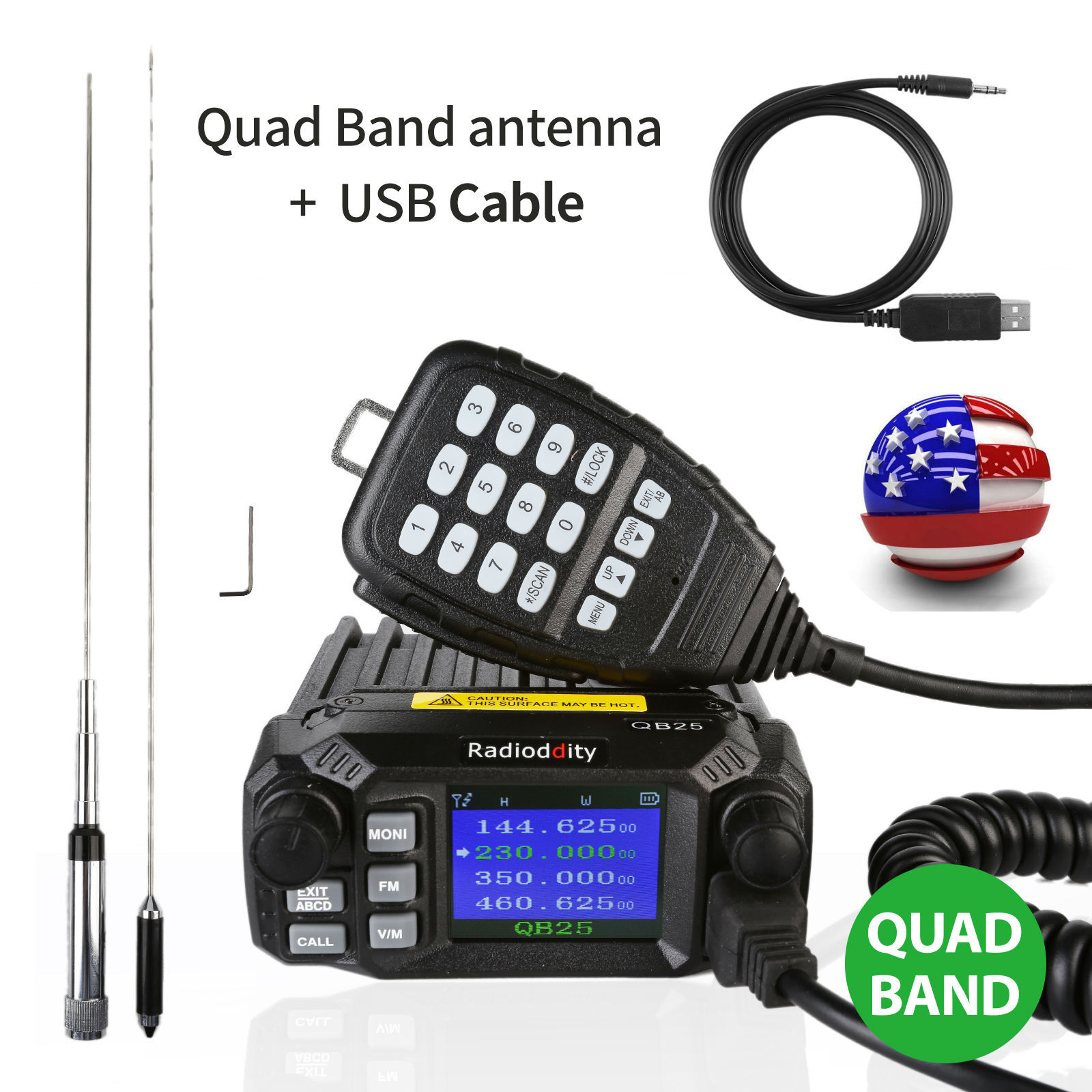 Radioddity QB25 Pro Quad Band 25W Car Mobile Radio Transceiver + Long Antenna