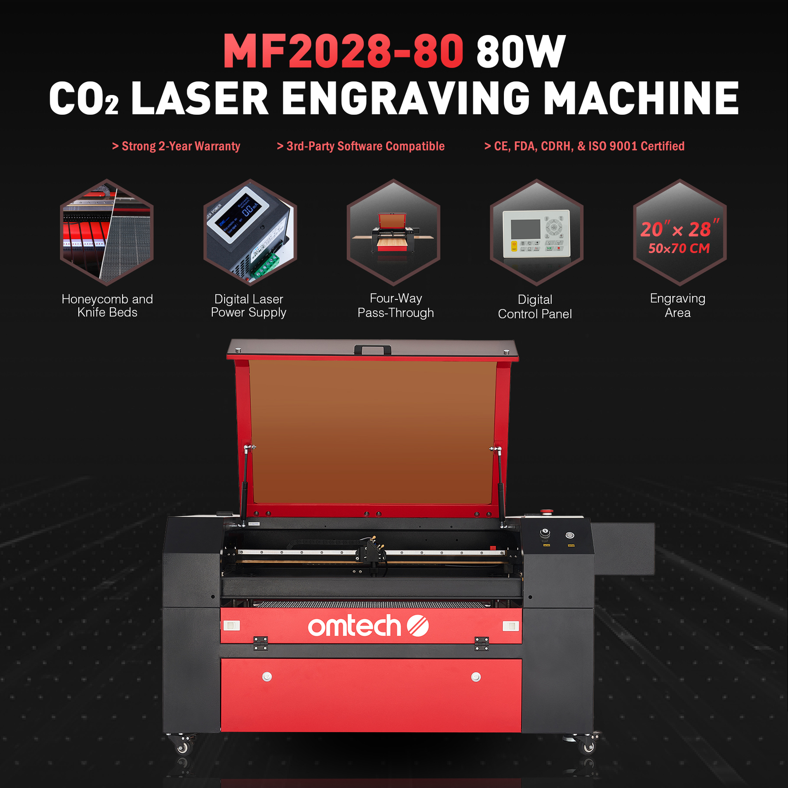 OMTech 80W CO2 Laser Cutting Engraving Machine CO2 Laser Engraver with 28x20 Bed
