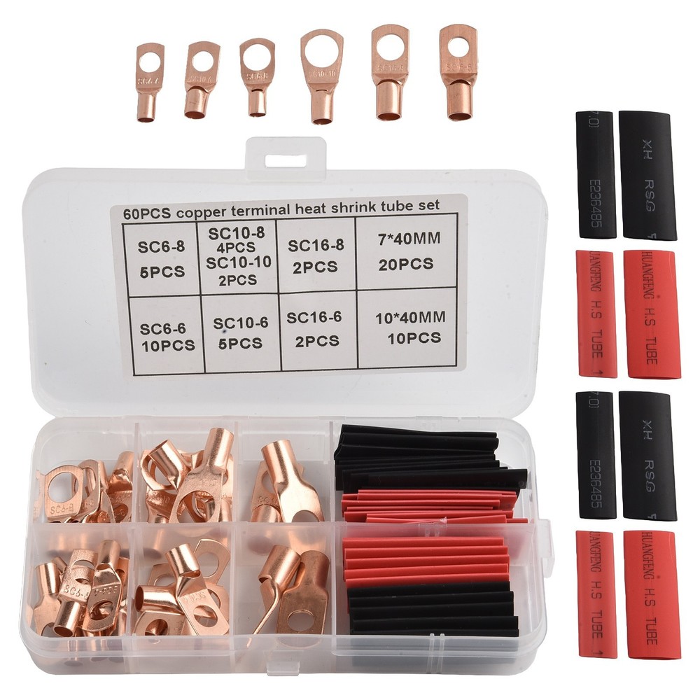 Complete Battery Terminal Copper Ring Terminal Wire Crimp Connector Kit 60pcs