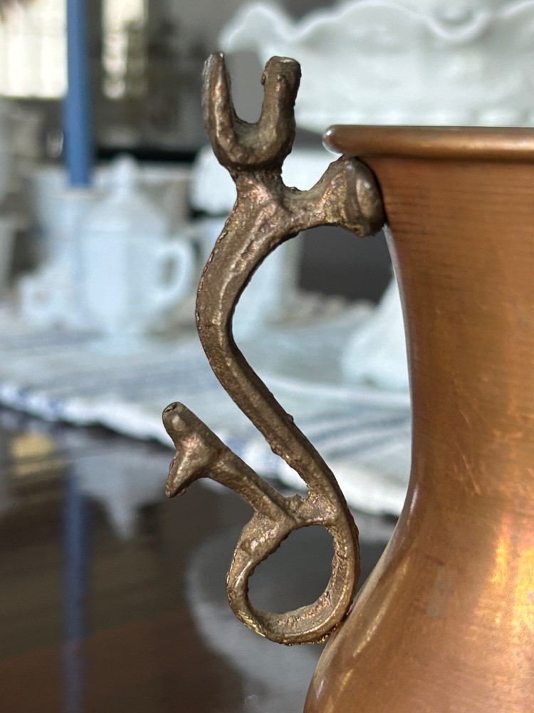 Antique Copper Ewer Pitcher Stylized Copper Handle Persian Home Décor 6 ½”