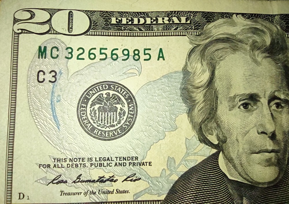TWENTY DOLLAR FRN WITH UNUSUAL PRINTING ERROR.