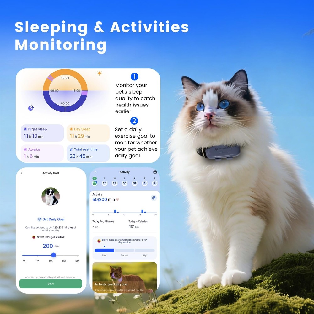 Cat Tracker Dog Tracking Device with Real-Time Location | Activity Sleeping M...
