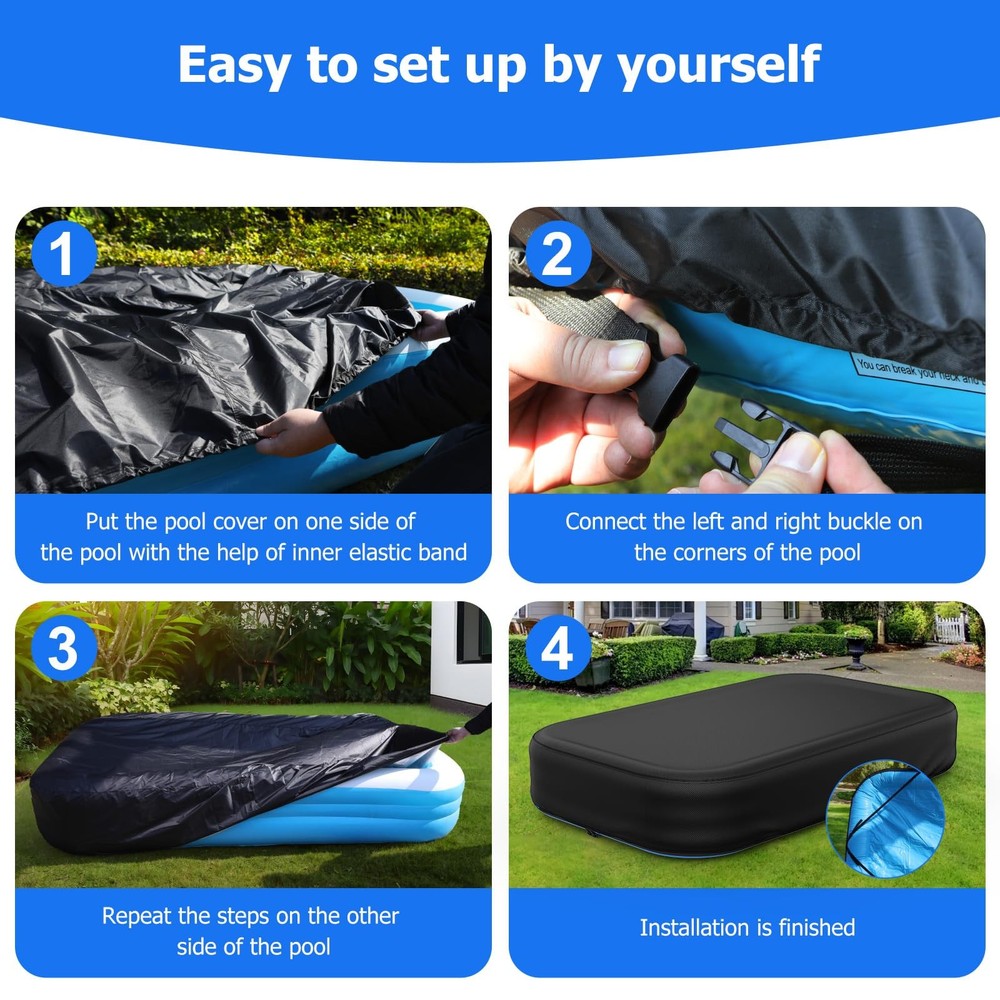 Rectangular Pool Cover for Inflatable Pool, Fits Blow Up Pool Size 130" L x 7...