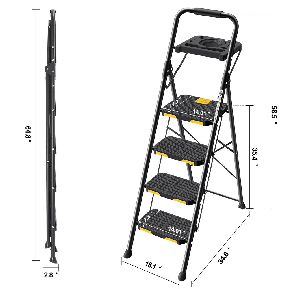 4 Step Ladder with Tool Platform, Folding Step Stool with Wide Pedal, Safety ...