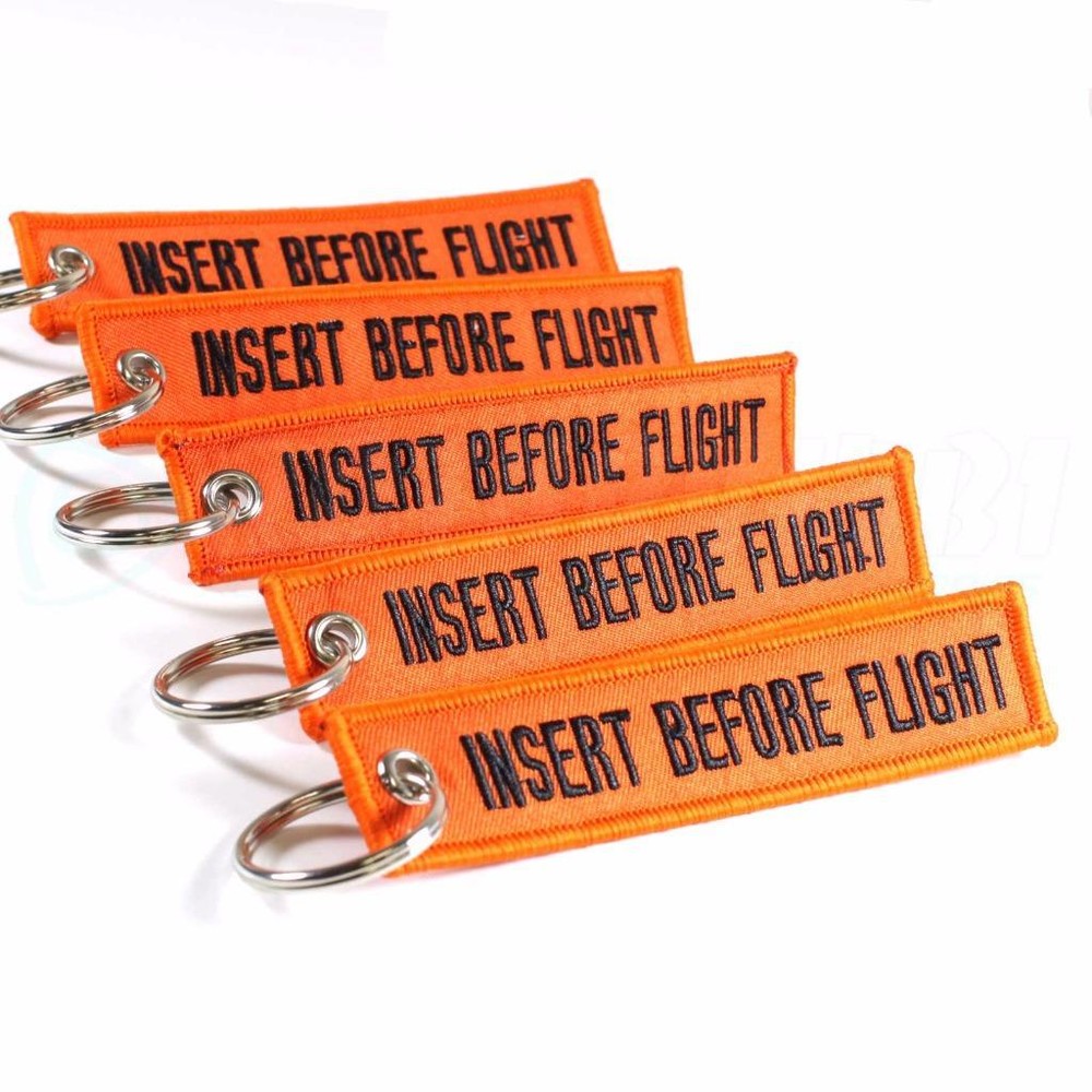 INSERT BEFORE FLIGHT QTY= 5 PCS ORANGE/black KEYCHAIN RING TAGS CABIN CREW PILOT