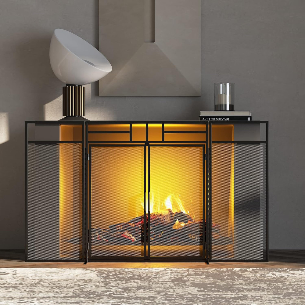 3-Panel Folding Fireplace Screen with Magnetic Hinged Doors, Solid Wrought Iron