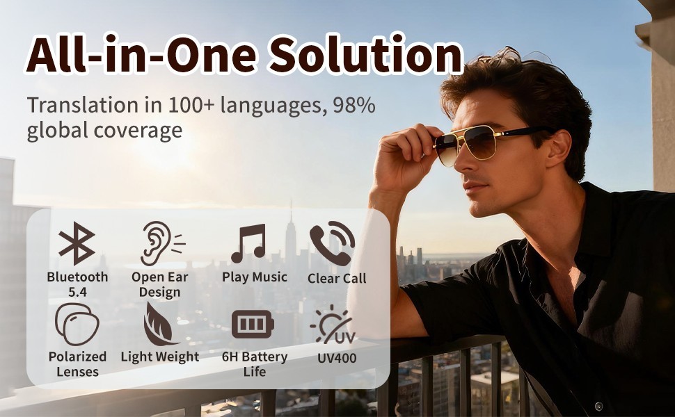 AI Smart Glasses for Men&Women Bluetooth Open-Ear Speakers for Music Call Work
