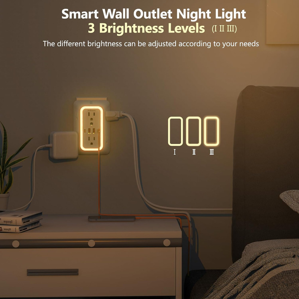 Wall Outlet Extender with Night Light, Power Plug Adapter Multi Plug Outlet Surg