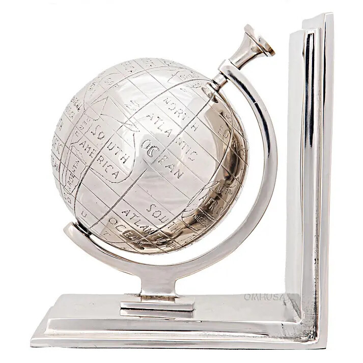 Aluminum Globe Bookends Set 2 World Map Study Library Desk Decor