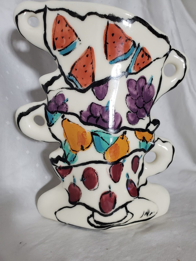 Tea Cup Stacked Ceramic Vase w/ handpainted fruit