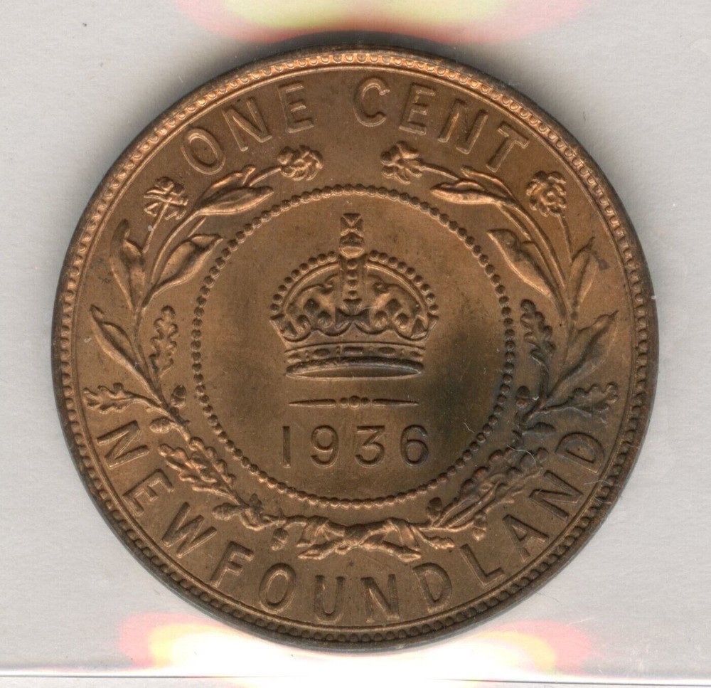 1936 Newfoundland One Cent - ICCS MS-64, Red.