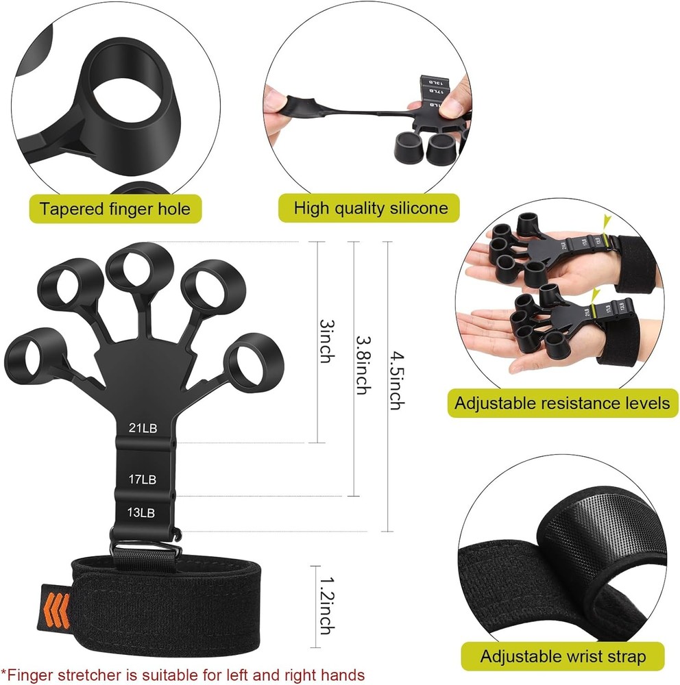 Grip Strength Trainer Kit 6 Pack with Finger Exerciser, Hand black grey