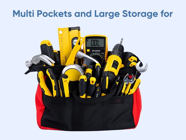 Deli 13 Inch Heavy Duty Contractor Tool Bag with Pockets Adjustable Strap, Red