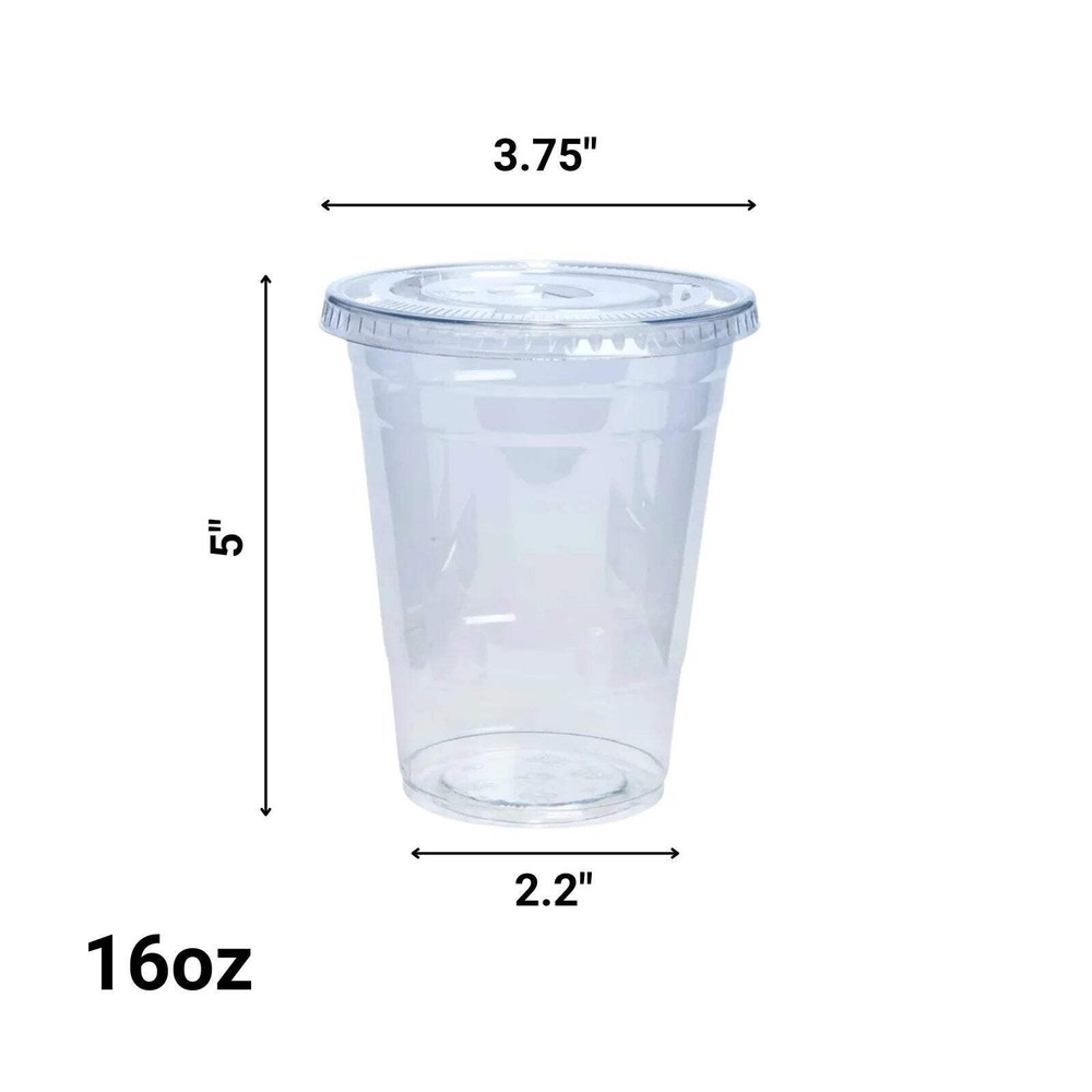 16oz Plastic Clear PET Cups With Flat Lids: 6 Pack