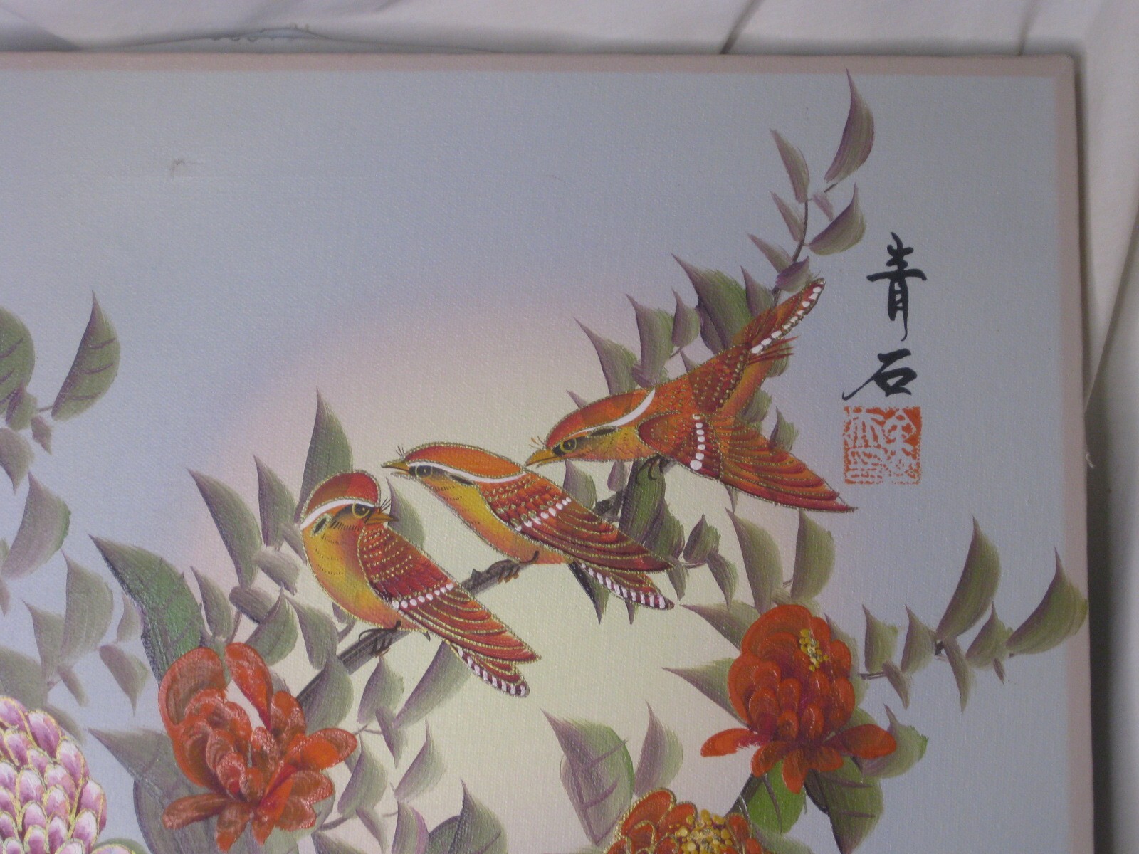 vintage Asian painting Chinese ? birds with flowers 20" x 24" original art *NOTE