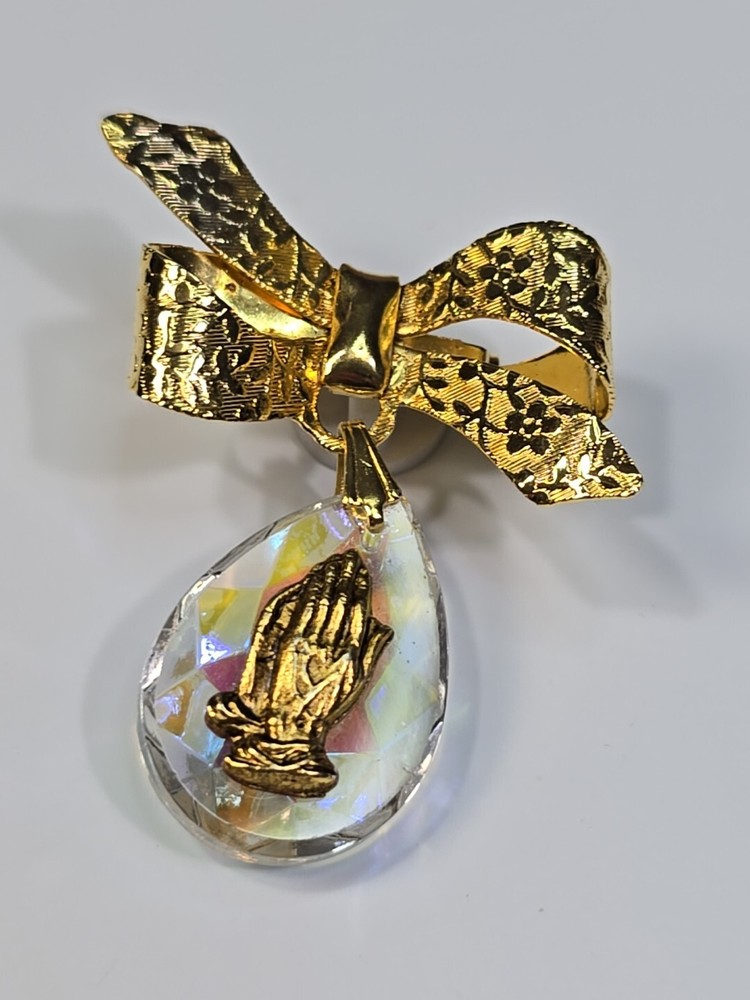 Prayer Hands Lapel Pin Bow With Dangling Charm