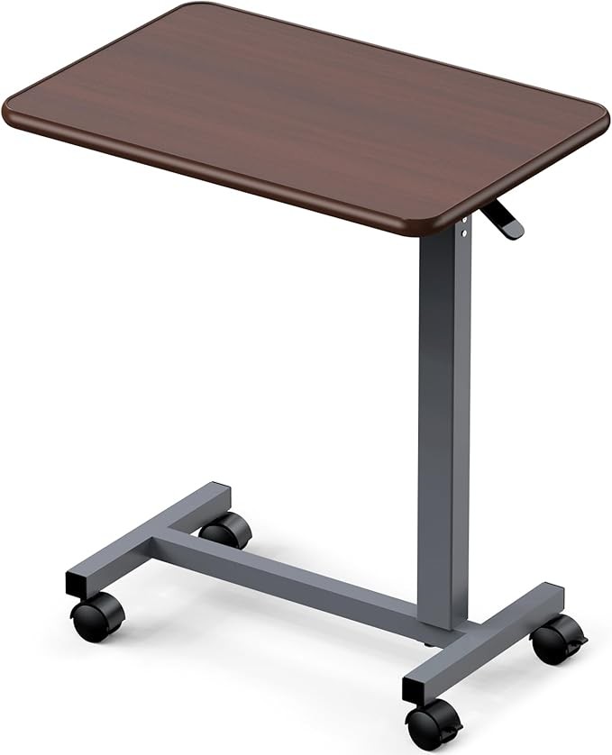 Adjustable Overbed Table with Wheels, Bedside Rolling Table, Pneumatic Height Ad