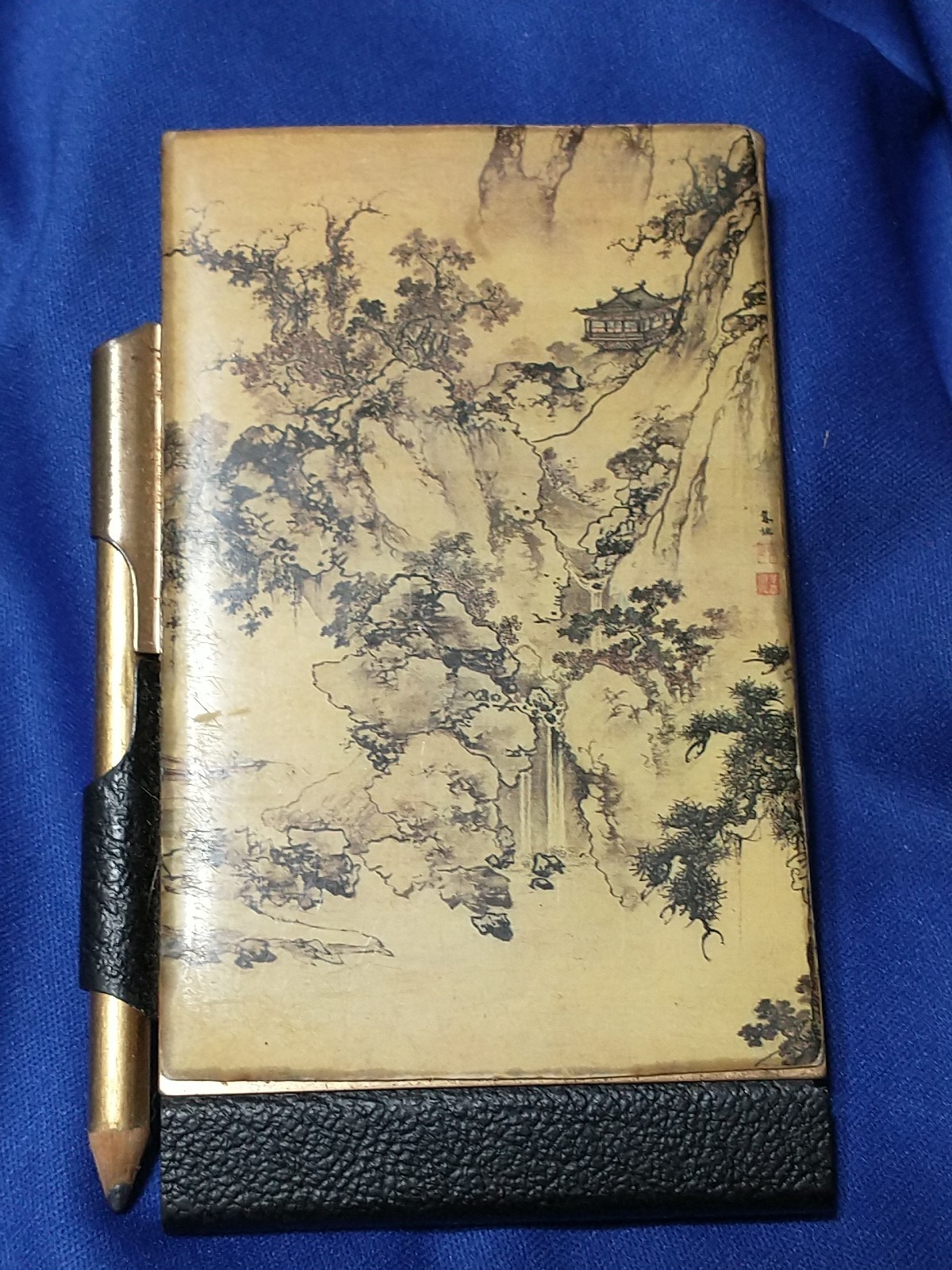 VINTAGE Celluloid Cover Pocket Notebook Mini “Memo” Notepad With Pencil PAGODA