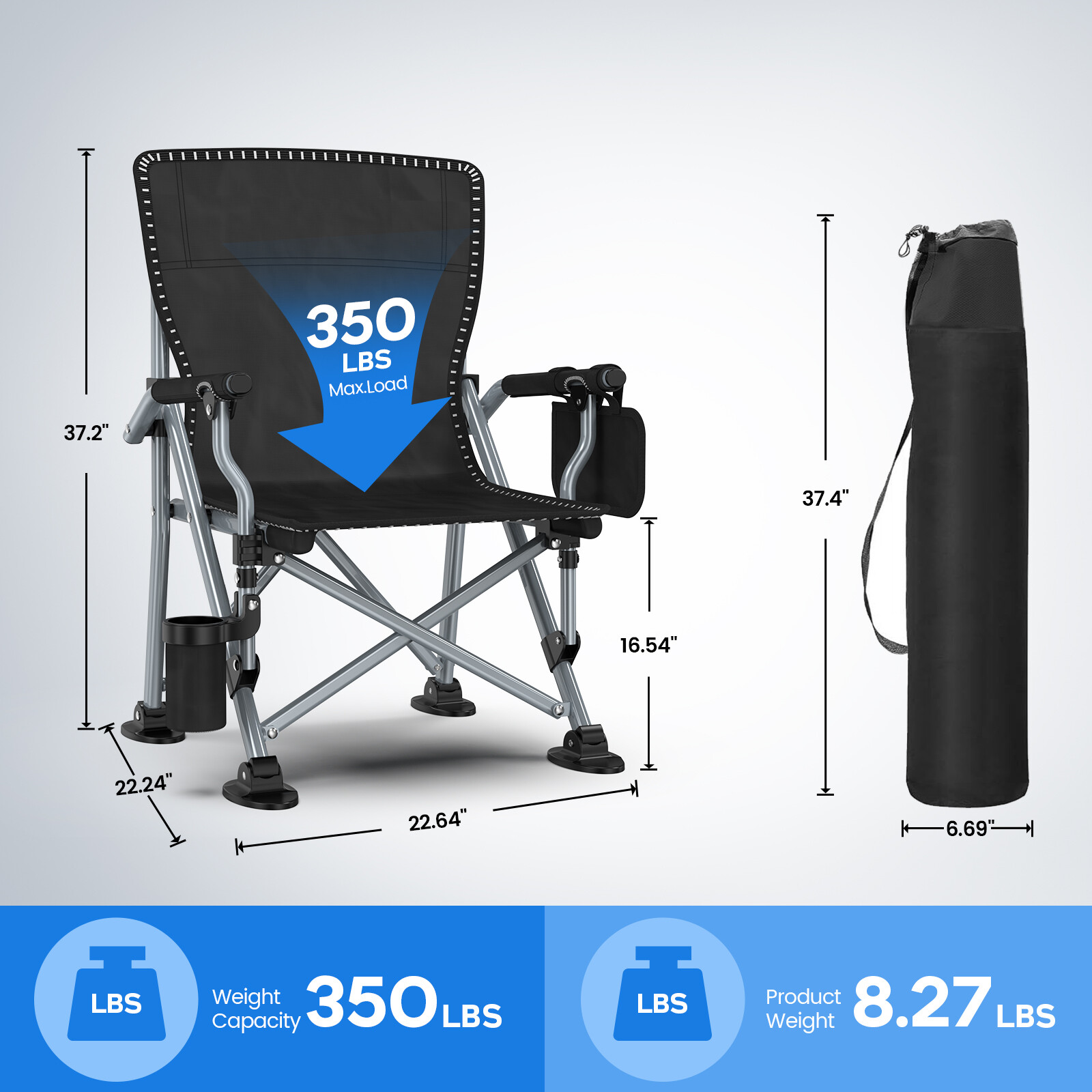 Blue Portable Camping Chair Heavy Duty Folding Chair w/ Cup Holder Oversized