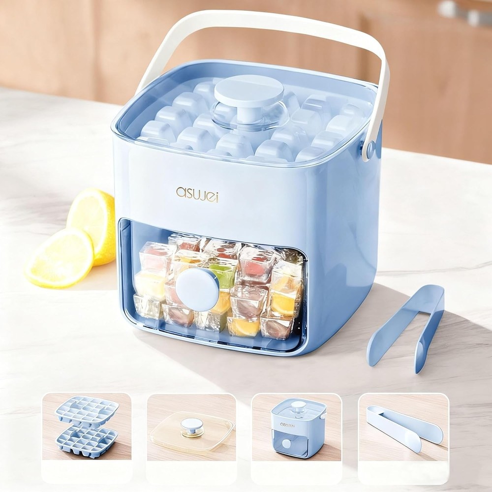 Compact Stackable Ice Cube Maker with Clear Lid - Ideal for Home Bars, Ice Blue