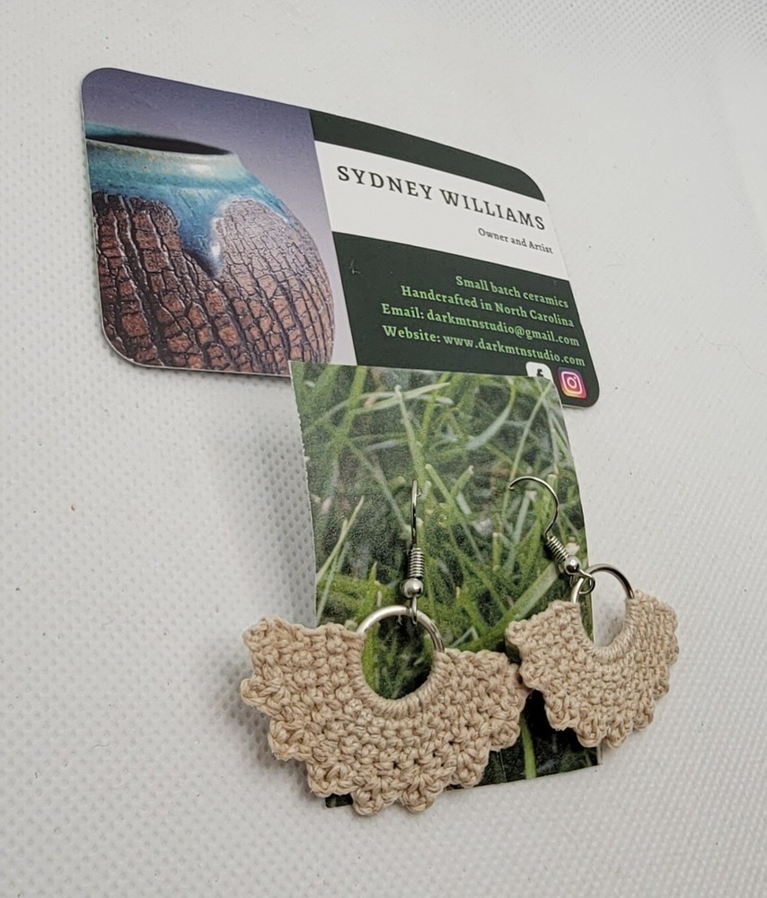 Handmade Crocheted Beige Silver Tone Earrings