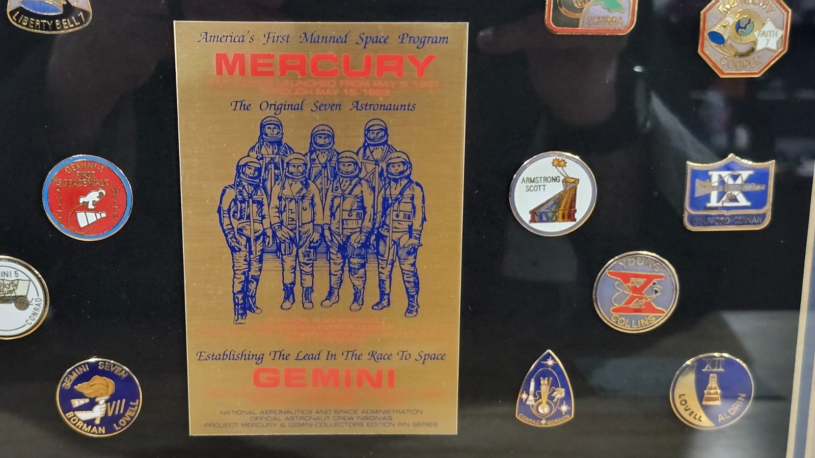 rare Wesco framed collection of NASA Mercury - Gemini insignia pins