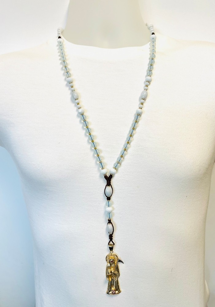 Santa Muerta Holy Death Grim Reaper white Rosary gemstone Opal and peal handmade