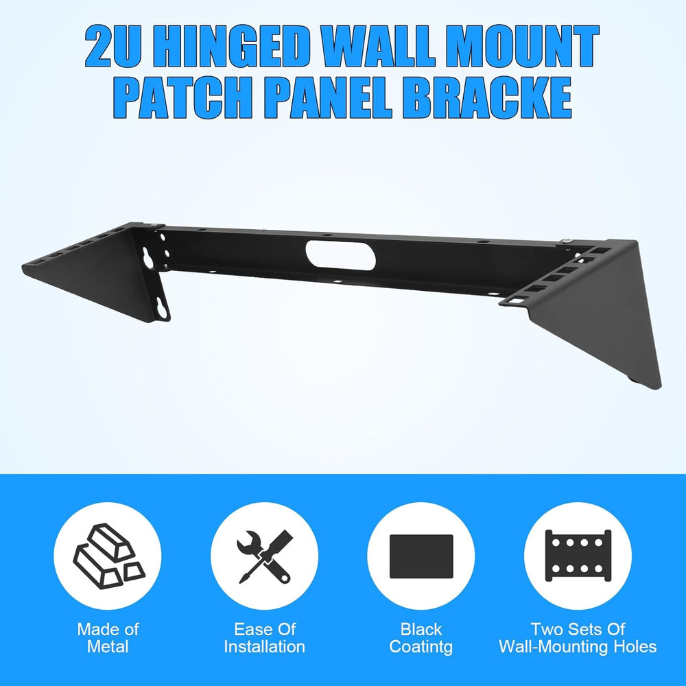 2U Hinged Wall Mount Patch Panel Bracket – 19″ Vertical Rack, Black