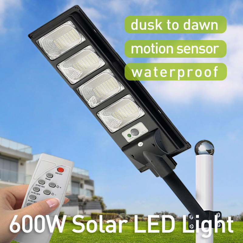 600W LED Solar Steert Lamp Frontyard Security Waterproof w/ Remote Control Pole