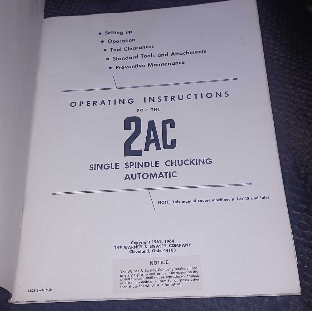Warney & Swasey 2-AC Operating Instructions Single Spindle Automatic Manual Book