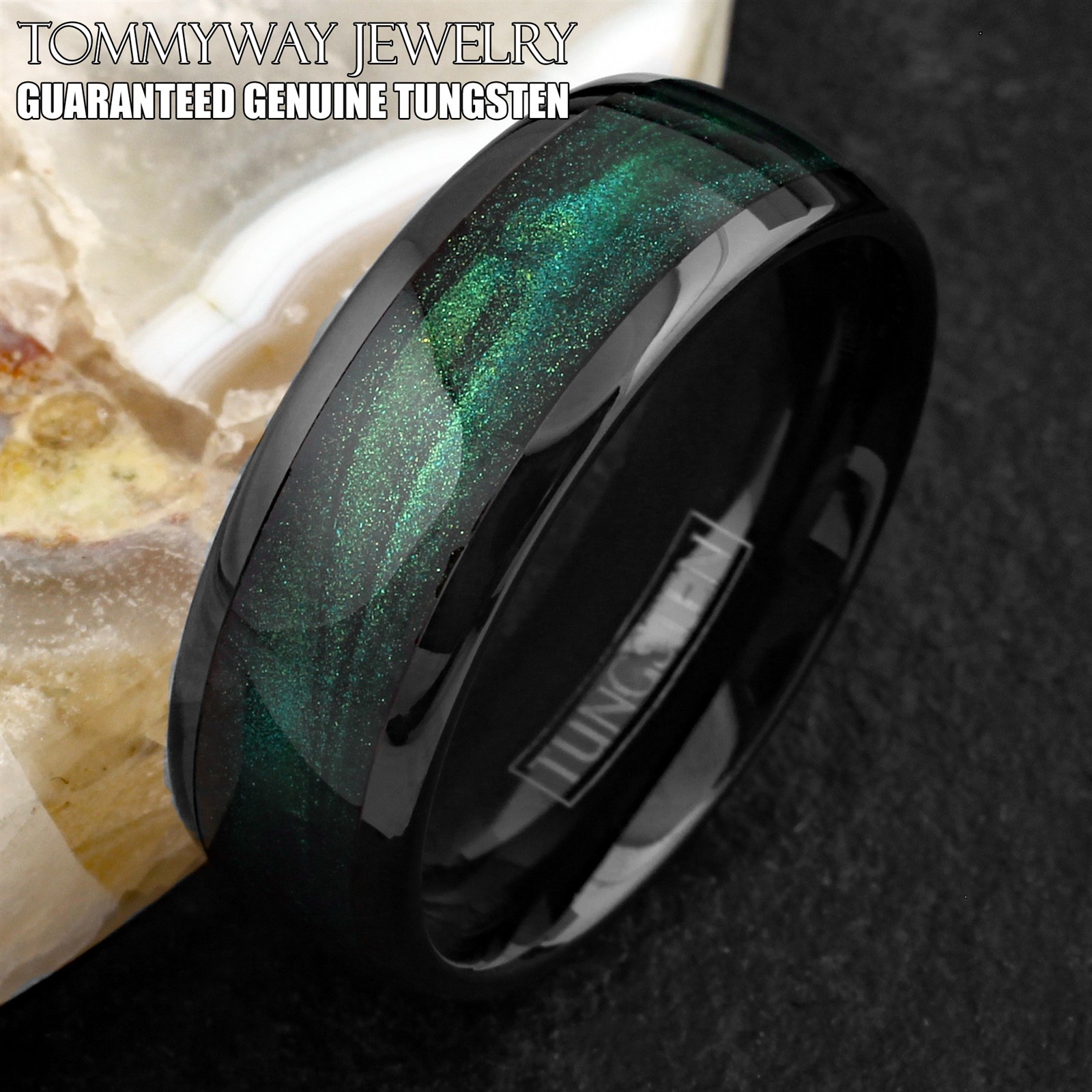Black Tungsten Carbide Green Flowing Sand Wedding Band Ring
