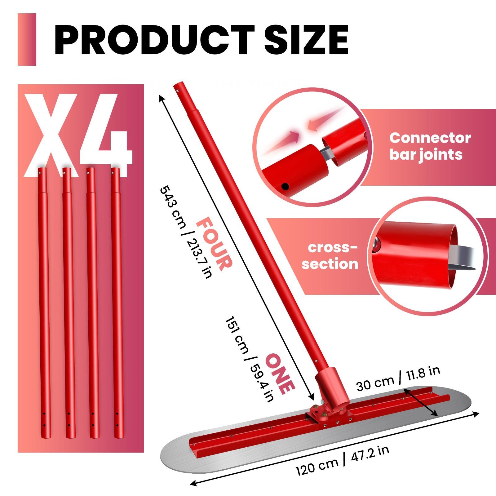 48"x12" Stainless Steel Bull Float Concrete Tool Trowel Float 4 Handle Round End