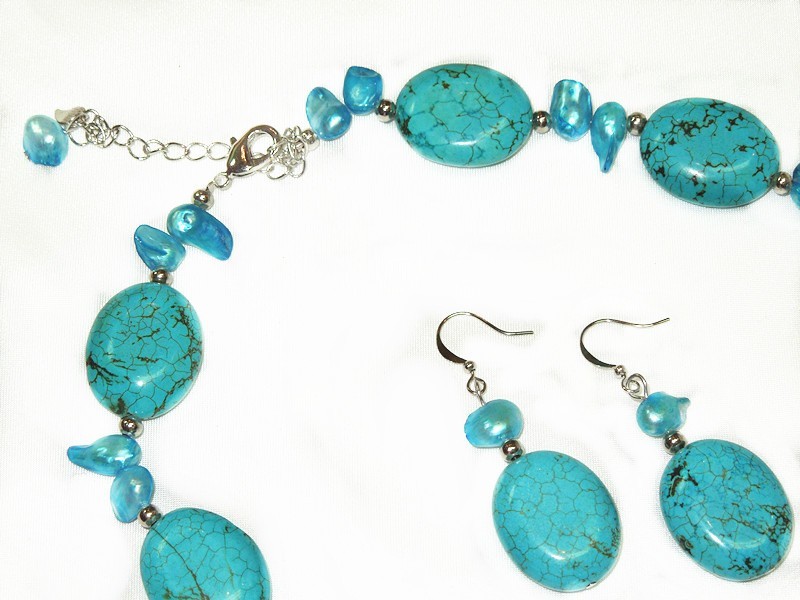 Natural Tibetan Turquoise Necklace Earrings Handcraft Chic Combine w. Pearl #GS9