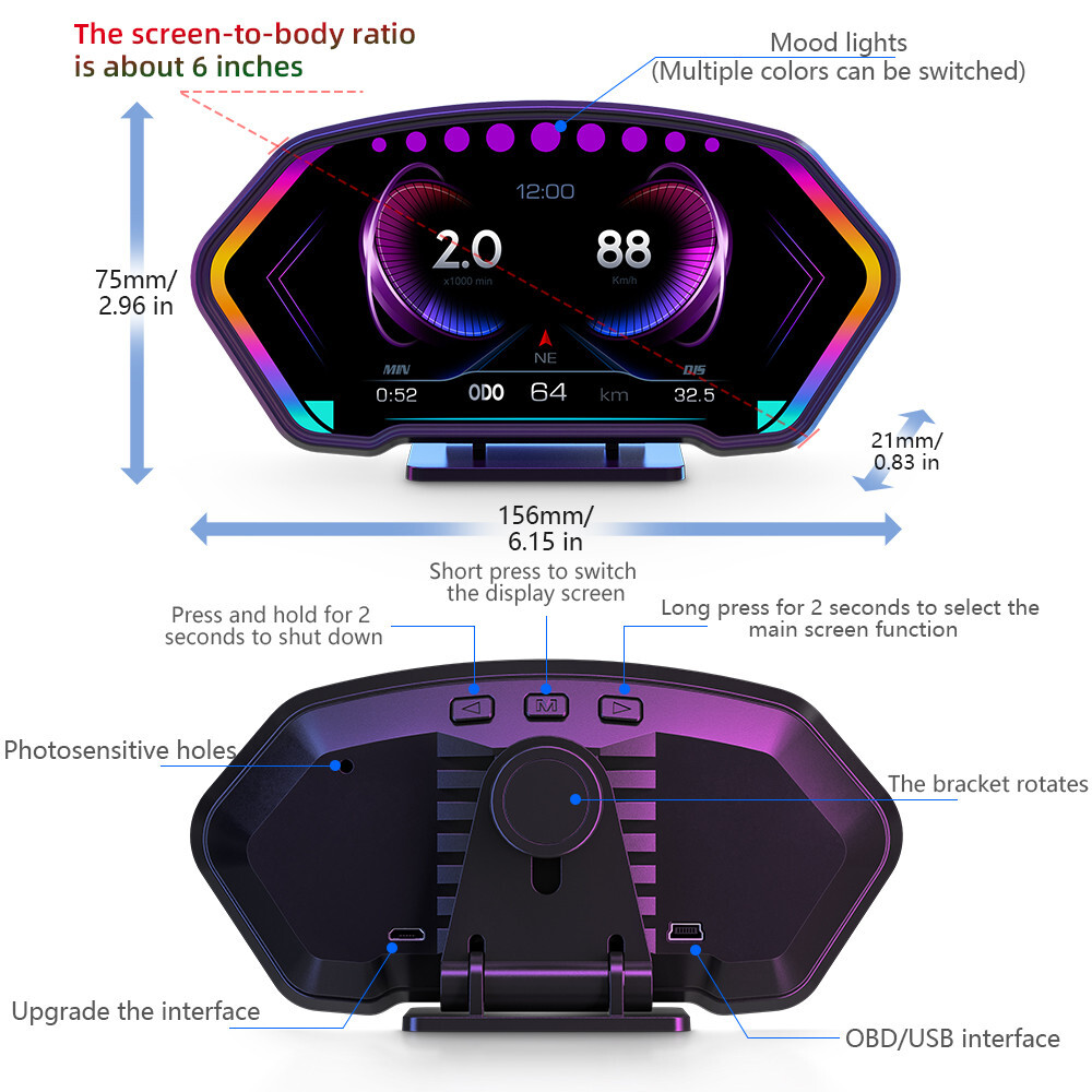 Car Head Up Display OBD GPS Gauge Multi-Function Dashboard Digital Speedometer