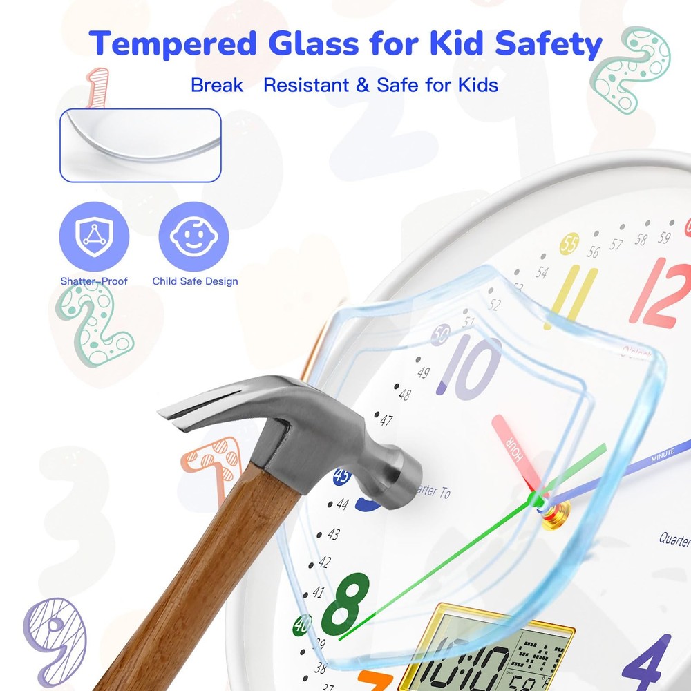 12" Silent Teaching Wall Clock with LCD Date Weekday Temperature Display – Te...
