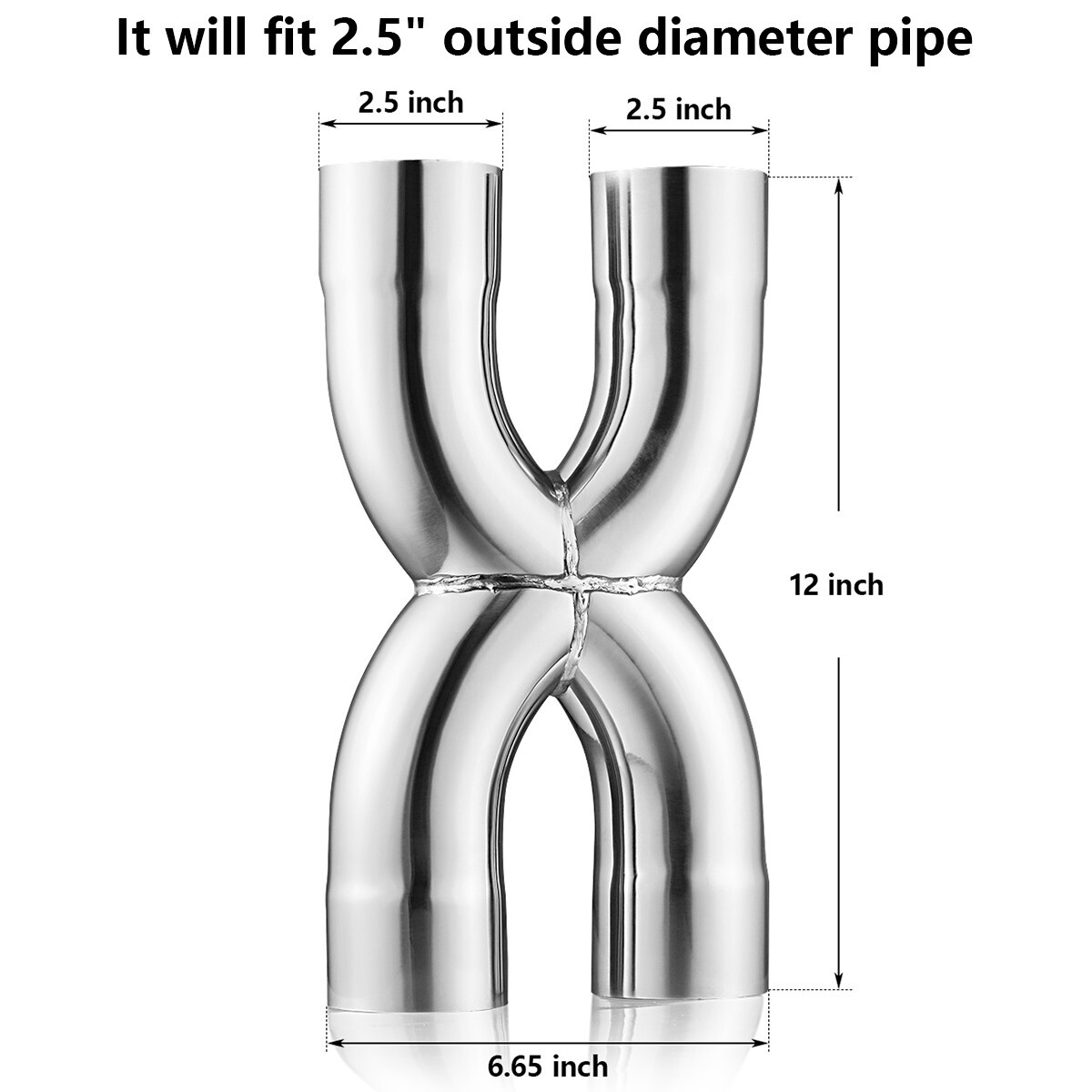 Stainless Steel Polished X-Pipe 2.5" Inlet, 2.5" Outlet, 12" Overall Length