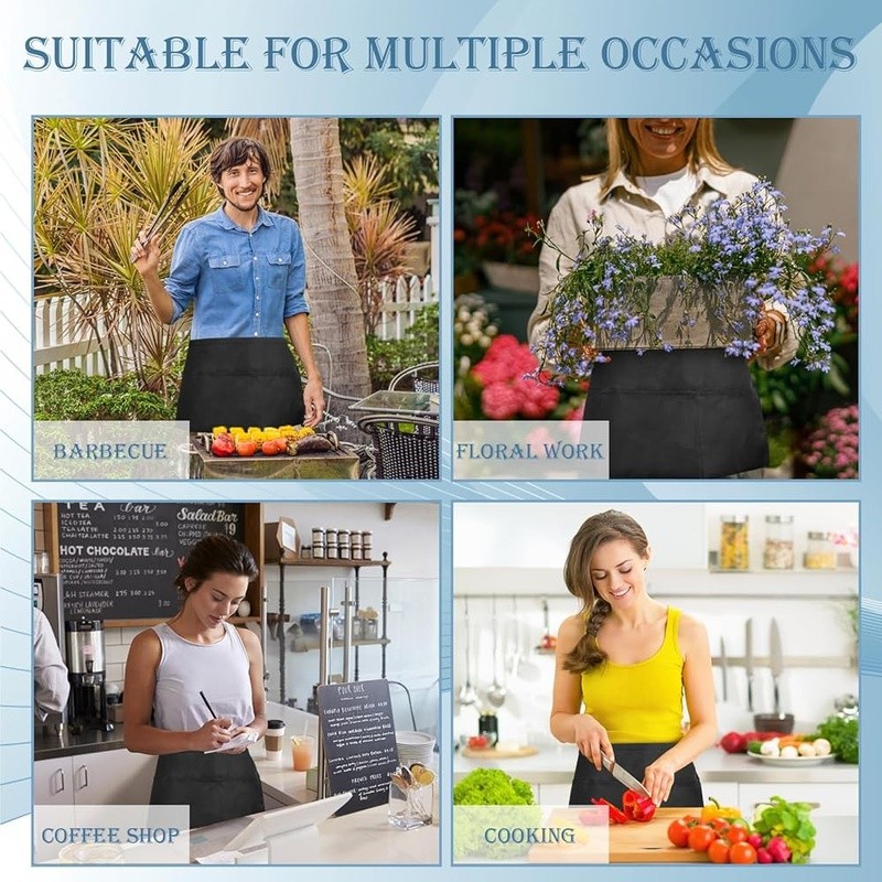 3 Pack Server Apron W/ Large Pockets Durable Polyester Kitchen Workwear New
