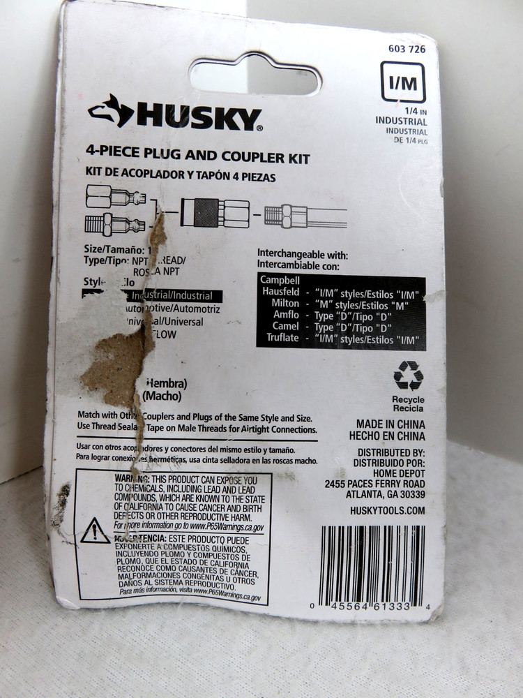 Husky 4 Piece Plug & Coupler Kit 1/4" Model 603 726