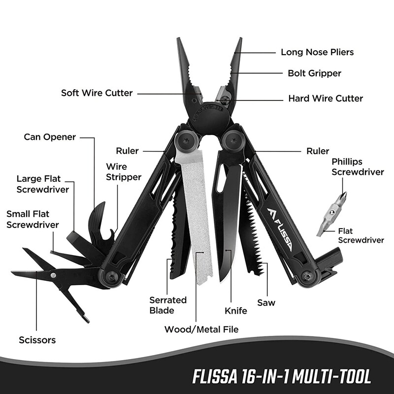 Flissa Multitool 16-in-1 Multitool Plier Bottle Opener Knife Folding Pocket Tool