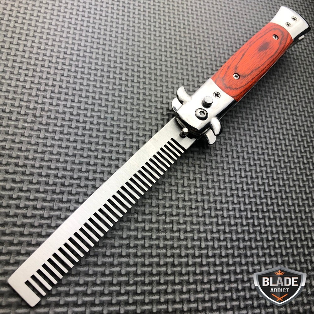 Automatic Push Button Folding Comb Barber Switchblade Pocket Knife Looking Brush