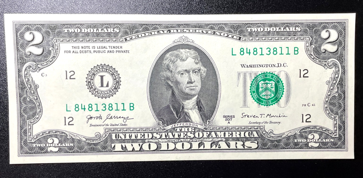 2017 A Two Dollar ($2) Bill Crisp Uncirculated Consecutive Sequential