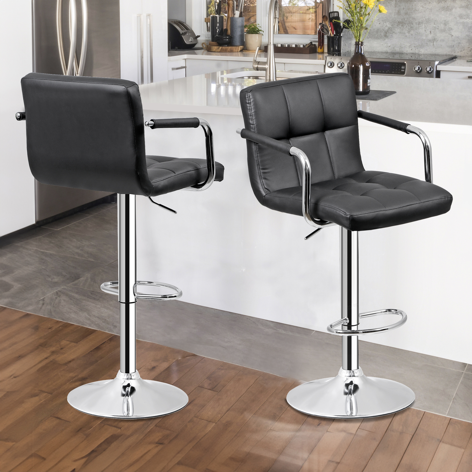 4PCS Adjustable Bar Stools PU Leather Modern Dinning Chair w/ Armrest & Backrest