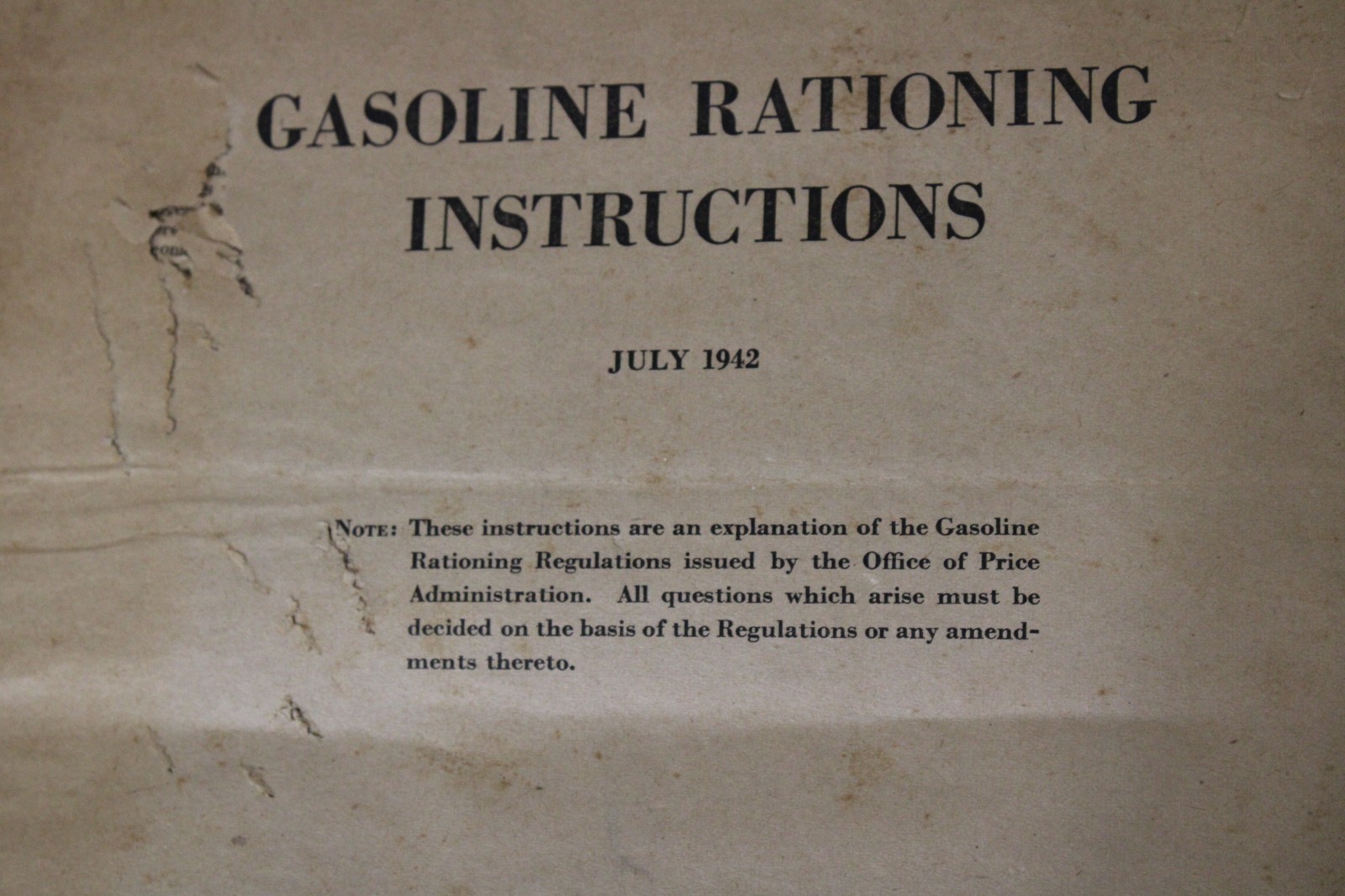 Vintage WWII Form OPA R-538 July 1942 Gasoline Rationing Instructions
